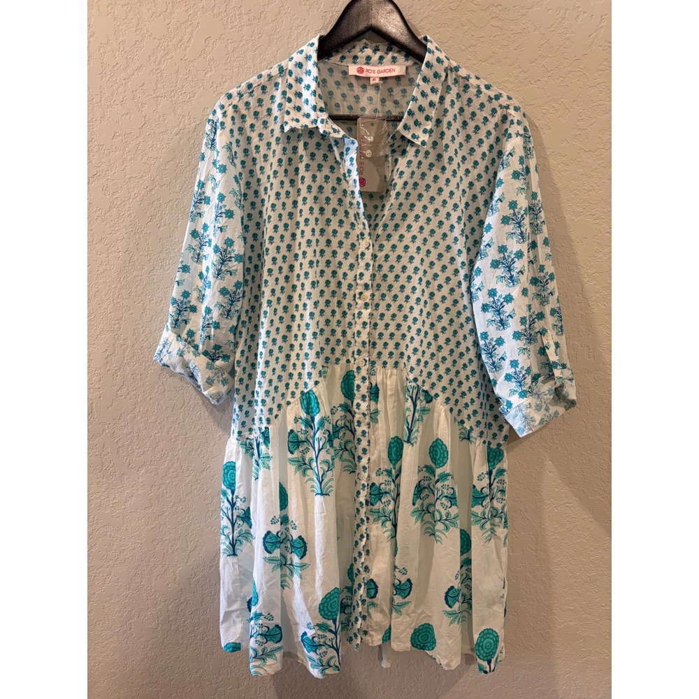 Ro's Garden Deauville Dress XL Turquoise Pomme Floral Block Print Cotton Mini